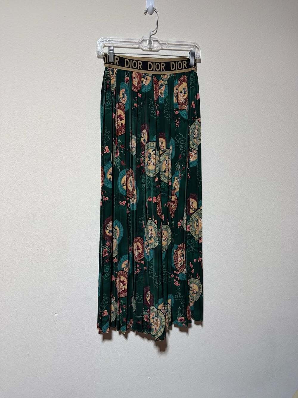 Christian Dior Vintage Green Pleated Floral Maxi Skirt with Logo Waistband